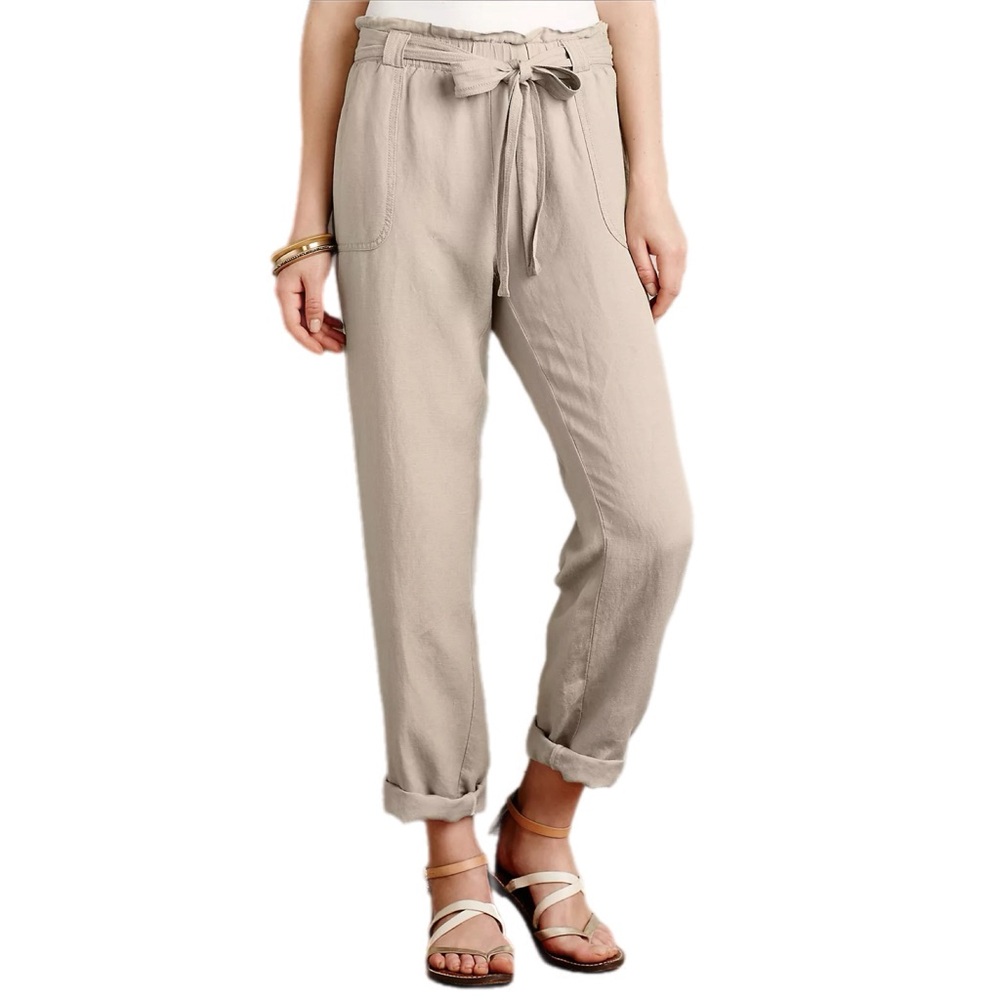 Anthropologie Light Gray/Beige Tie-Waist Cropped Pants